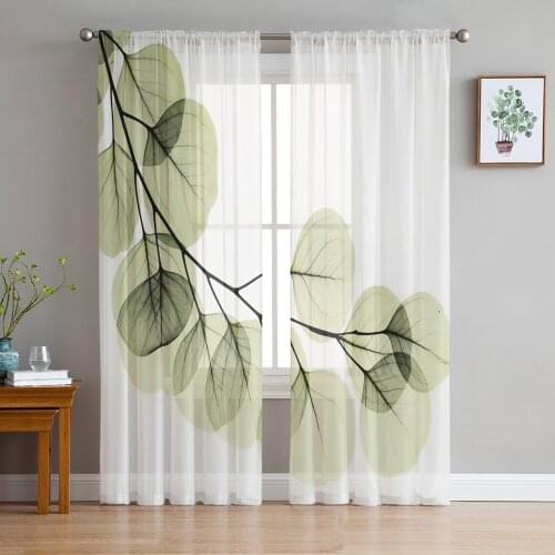 Green Leaves Branches Simple Tulle Window Curtain for Living Room Modern Sheer Curtain for Bedroom Kitchen Drapes Custom