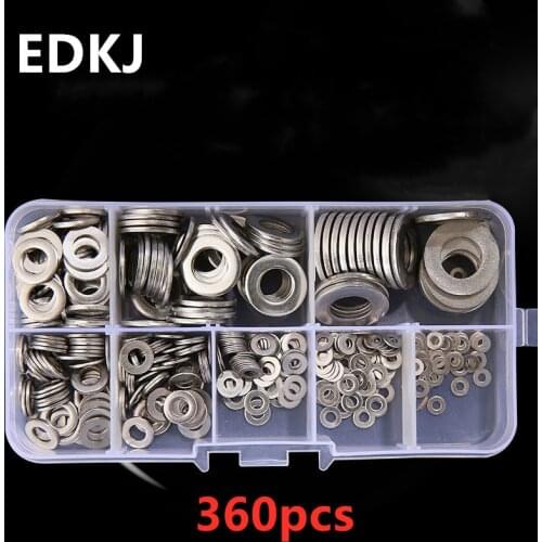 360pcs M3 M4 M5 M6 M8 M10 Stainless Steel Washer Plain Washer Kit Screw Fastener Hardware Assortment Accessories