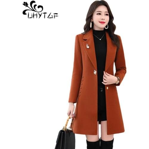 UHYTGF Plus Size Woolen Coat Women Spring Autumn Clothes Woman Long Coat Slim Wool Trench Elegant Outerwear Manteau Femme 895