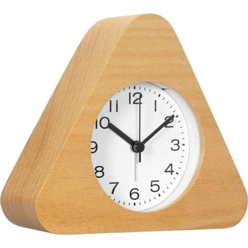 Triple-Cornered Wooden Alarm Clock With Arabic Numerals, Non-Ticking Silent, Backlight, Battery Operated, Wood Color