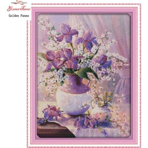 Golden Panno,Purple Vase Counted Cross Stitch 11CT 14CT Cross Stitch flowers Cross Stitch Kits for Embroidery Home Decor 0123