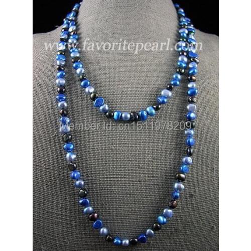 Pearl Necklace - 48 Inches Long 7-8mm AA Blue Color Natural Freshwater Pearl Long Necklace Bridesmaid Jewelry - Free Shipping