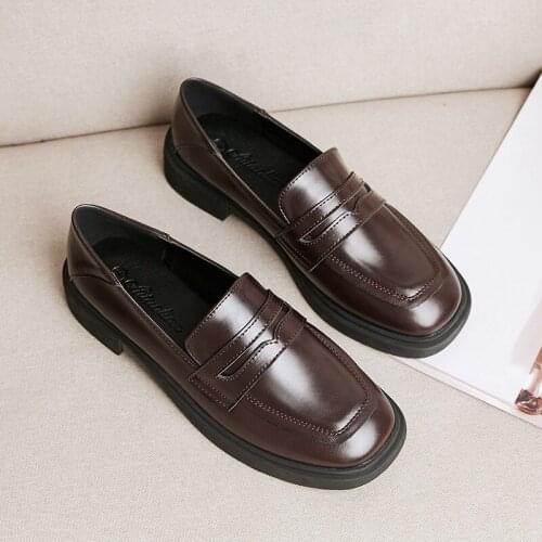 Real Oxford Shoes Women Brown Leather Flats British Girls Street Shoes Ladies Derby Shoes College Loafers Women Solid Moccasins