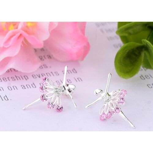 100% 925 Silver Ballet Dancer Ballerina Figurine Pink Skirt Stud Earring Women Brinco Accessories 2020 Valentines Day Gift 2020