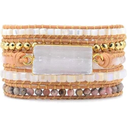 Boho White Selenite Wrap Bracelets Handmade For Women Natural Stone Beaded Leather Bracelet