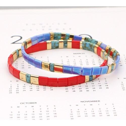 Fashion Women Bohemian Tila Beaded Bracelet Beach Style Handmade Bracelets Blue Red Stone Gold Plated Bangle Jewelry