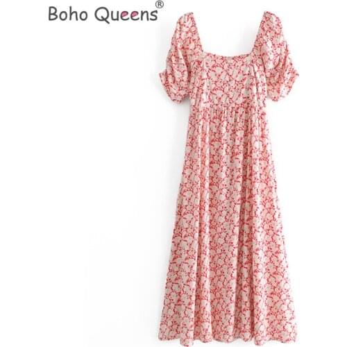 Boho Queens women Floral print off shoulder beach Bohemian maxi dress Ladies puff sleeve rayon cotton happie dress vestidos