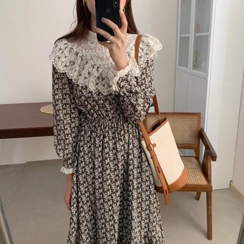 Alien Kitty Women Dresses Lace Splicing Long-Sleeves Floral Gentle French Long Sweet Printing Female Fashion Elegant