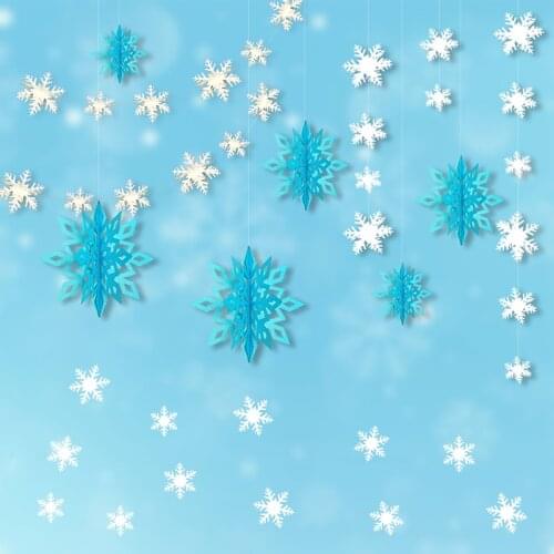 Winter Snow Wonderland Girls Birthday Party Paper 3D Blue Snowflakes Garland White Snowflake Banner Hanging Christmas Decoration