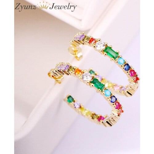 6Pairs, Cz Micro Pave Crystal Rainbow Fashion Gold Color Circle Earring Studs Multicolor Zirconia For Women Girls Party Jewelry