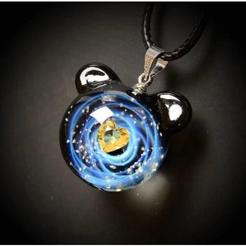 BOEYCJR New Bear Shape Universe Glass Bead Planets Pendant Necklace Galaxy Rope Chain Solar System Design Necklace for Women