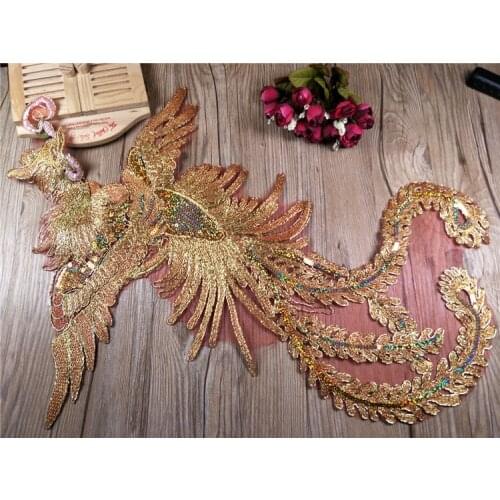 Rich Lace ~ Red Organza Filigree Gold Sequins Phoenix Pair of Flowers Handmade DIY Accessories Qipao Accessories Lace Fabric