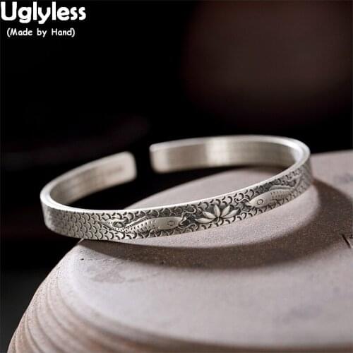 Uglyless Buddhism Fishes Lotus Open Bangles for Women Solid 99.9% Full Silver Fish Scales Adjustable Bangles Fish scales Jewelry