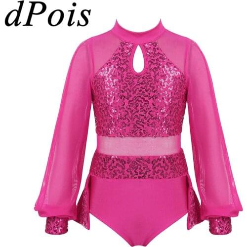 Kids Girls Ballet Dance Tulle Leotard Dress Split Long Sleeves Glitter Sparkly Ballerina Contemporary Ballroom Skirt For Dancing
