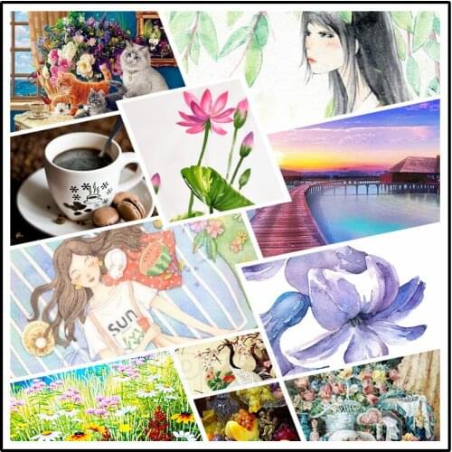 Diy Diamond Painting Small Fresh Summer Outing Cartoon Comic Girl Elegant Lotus Watercolor Painting Porch Corridor Poster