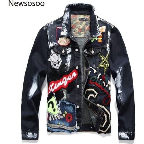 European American Style Pattern mens Badge denim jacket brand luxury men Outerwear & Coats black denim jacket slim jacket