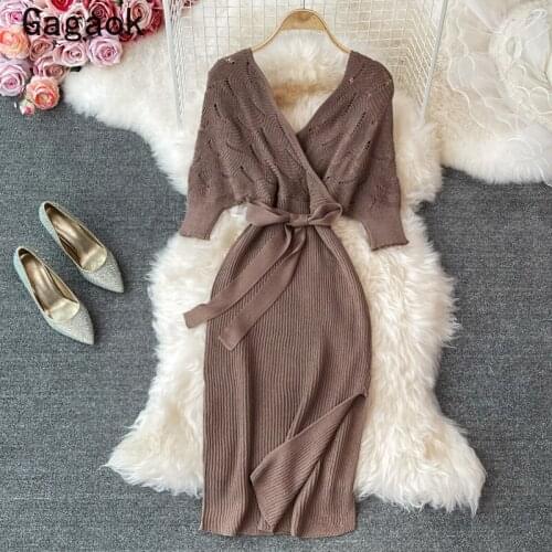 Gagaok Maxi Dresses for Women 2021 Spring Autumn New V-Neck Batwing Sleeve Hollow Out Bodycon Dresses Fashion Sexy Chic Vestidos