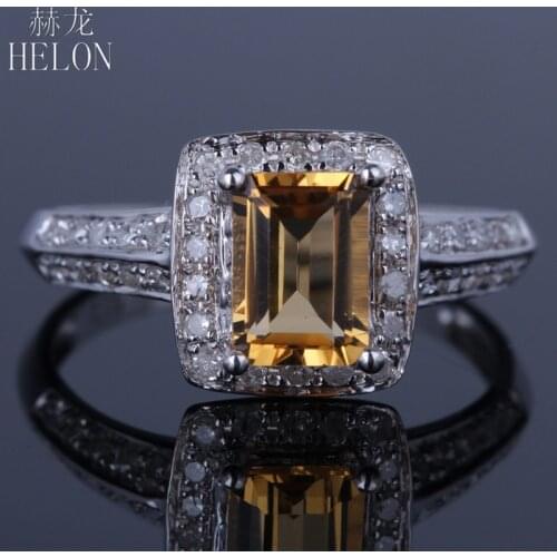 HELON Solid 14K White Gold Flawless Cushion 7x5mm Genuine Natural Citrine Diamonds Engagement Wedding Ring Women Fine Jewelry