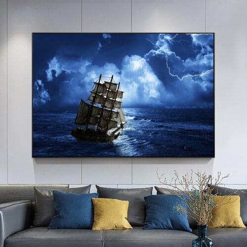 Home Decor Pirate Ship on The Stormy High Seas Ocean Pictures Art Film Printing Silk Home Wall Decor Canvas Painting