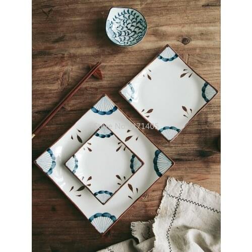 Japanese Style and Retro Hand-painted Creative Ceramic Household Dish Plate Square Dessert Plate Salad Plate Steak Fish Plate