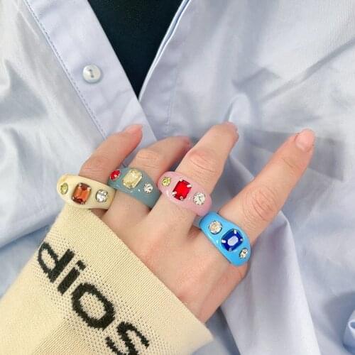 FACEINS Niche Design Index Finger Ring Women Handmade Color Inlaid Rhinestone Ring Acrylic Resin Ring Trendy Jewelry