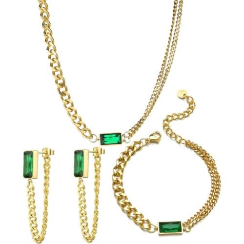 316L Stainless Steel Strip Green Crystal Zircon Necklace Earring Bracelet Set Titanium Steel Wedding Jewelry Set