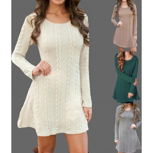 Dropshipping Women Autumn Winter Casual Long Sleeve O Neck Twist Knitted A-Line Sweater Dress