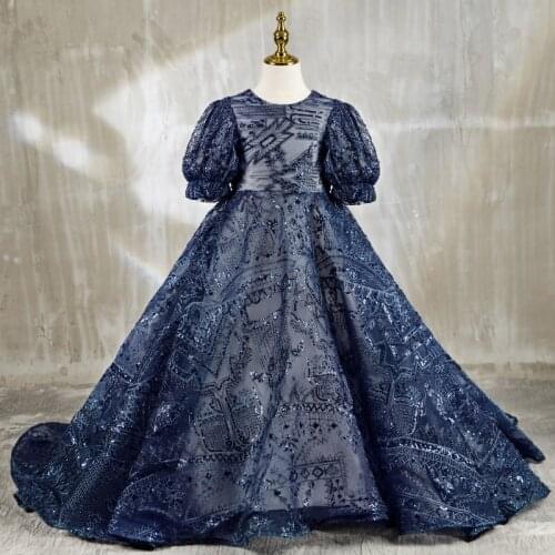 Flower Girl Dress Illusion Tulle Lace Short O-Neck Sequined Embroidery Beading Princess Floor-Length Luxury Kids Party Gown H608