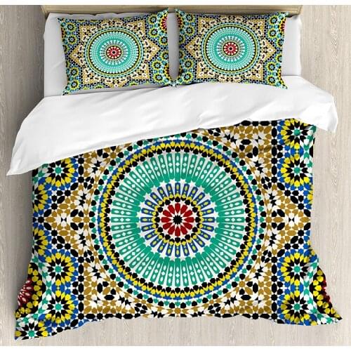 Moroccan Decor Duvet Cover Set Queen Size Architectural Glaze Decorative Wall Tile Ceramic Historical Traveling Destinations