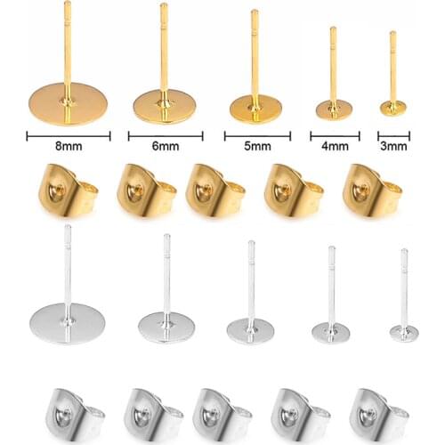 50pcs Stainless Steel Earrings Stud Base Settings Blank Spacer Pins With Earring Plug Gold Silver DIY Jewelry Making 3/4/5/6/8mm