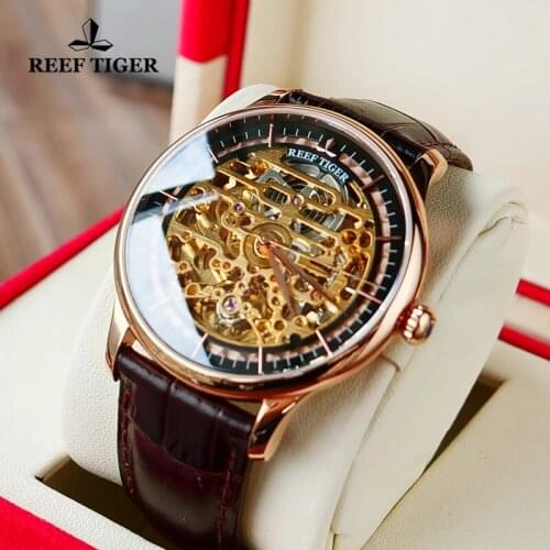 Reef Tiger/RT New Design Skeleton Mechanical Watches for Men Rose Gold Genuine Leather Strap Automatic Ultra Thin Watch