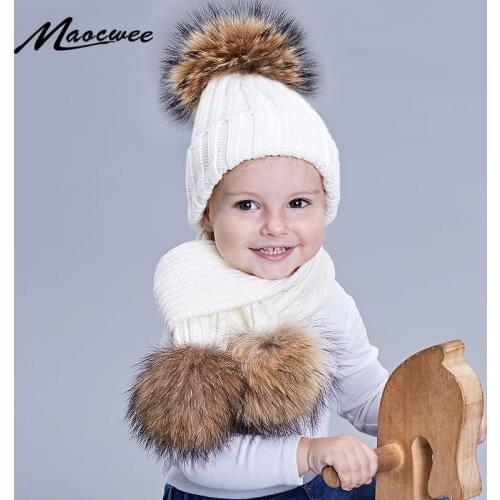 New Girl Pom Pom Beanies Warm Knitted Bobble Fur Pom Pom Hat and Scarf Set Children Real Raccoon Fur Pompon Winter Hat Skullies