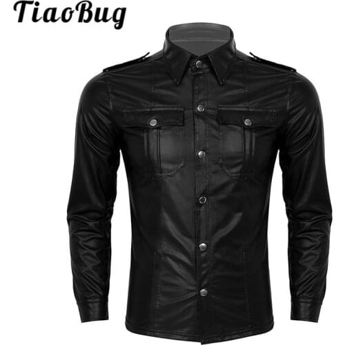 TiaoBug Black Wetlook Patent Leather Turn-down Collar Long Sleeve Button Down Slim Nightclub Party Rave Dancewear Men Sexy Shirt