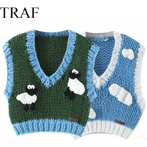 TRAF ZA Womens Clothing Top Spring Autumn Fashion Casual Sweater Vest V-Neck Kintted Tank Sweet Spliced Sleeveless Soft Sweater