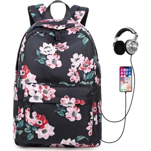 Waterproof Nylon Floral School Backpack Kids Bags College Girls Bookbag Daypack with USB Charging Port Travel Laptop Backpack