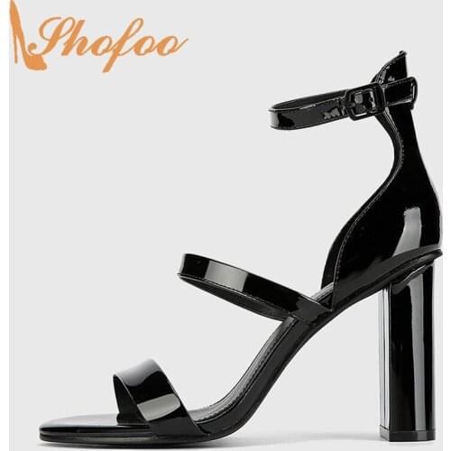 Shofoo Black Patent Leather Women Shoes Round Toe Casual Three Strap Block Square Heel Sandals Large Size 12 15 Fashion 2021
