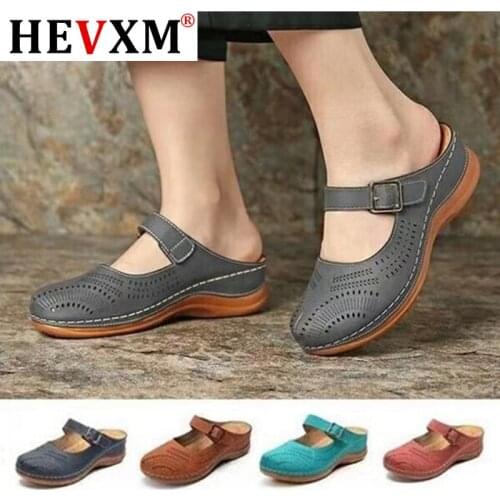2020 New Women Flat Shoes Mules For Women PU Leather Round Head Sandals Closed Toe Sandals Women Slipper Non-slip Retro Shoes