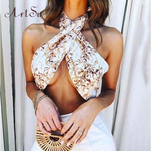 ArtSu Fashion Printed Summer Multiway Bandage Wrap Crop Top Woman Lace Up Halter Backless Tank Top Ladies Beach Club Party Sexy