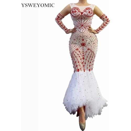 2021 New Red Rhinestone Transparent Mermaid Long Dress Gloves Belt Birthday Party Celebrate White Outfit Prom Women Dancer Dress