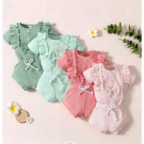Emmababy 0-24M Baby Girls Clothes Short Sleeve O-neck Ruffles Bow Rompers + Drawstring Short Pants Solid Color Summer Outfits
