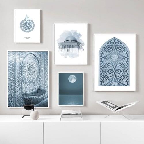 Islamic Ramadan Decoration Blue Mosque Architecture Canvas Art Painting Moroccan Wall Print Landscape Poster Decorative Pictures