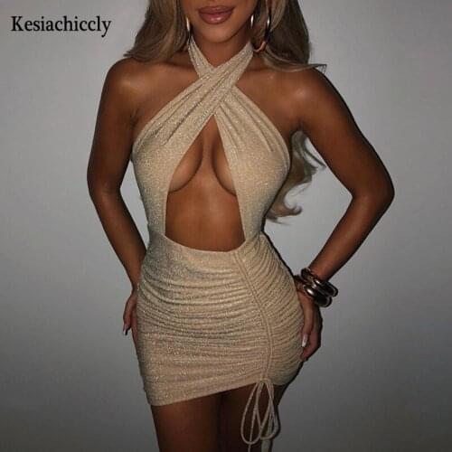 Kesiachiccly Bling Glitter Sequin Dress Women Ruched Lace Up Mini Dress Backless Bodycon Sexy Party Club Summer Dress Elegant