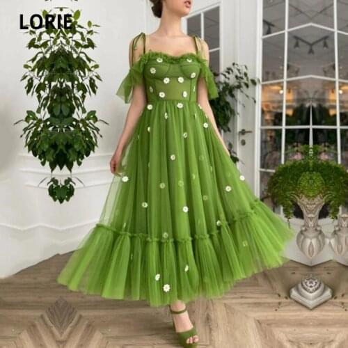 LORIE Fresh Green Short Prom Dresses Off the Shoulder Tulle with Embroidered Daisies Tea Length Gathered Hem Evening Party Gown