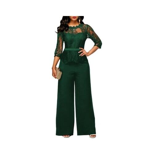 Lace Summer Womens Jumpsuits Solid O Neck Skinny Sexy See Through Long Sleeve Wide Straight Pantsuits Plus Size Playsuit