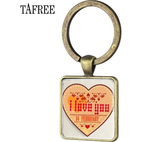 TAFREE Antique Bronze Plated Square keyring I love you Art picture Glass Keychain Best gift for your favorite person FQ857