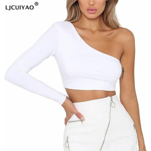 LJCUIYAO Summer Sexy Woman Short T-Shirt One Shoulder Long Sleeve Tank Female Fashion Streetwear New Ladies White Tops Clothes