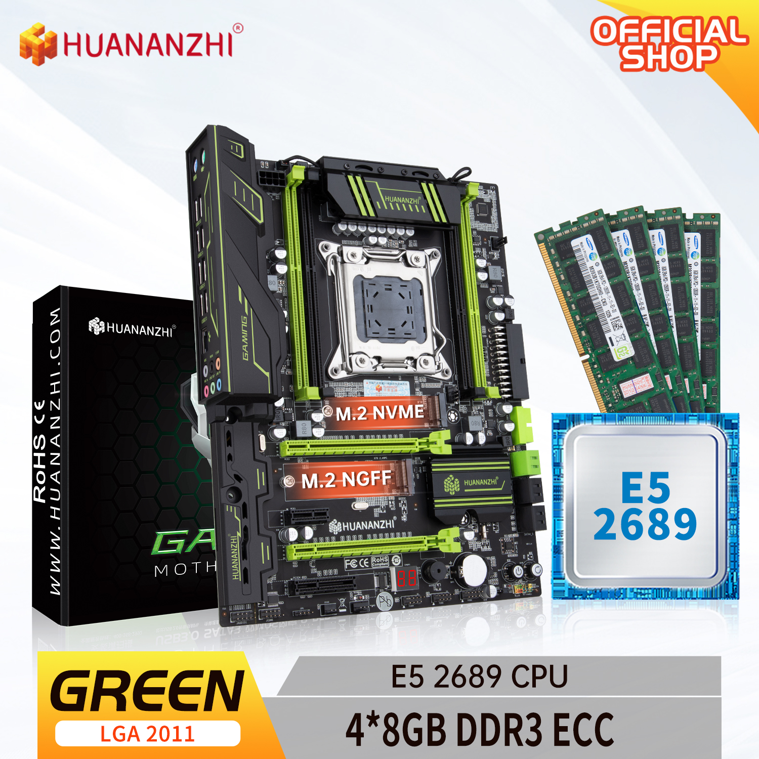 HUANANZHI X79 GREEN X79 motherboard with Intel XEON E5 2689 with 4*8GB DDR3 RECC memory combo kit set ATX SATA USB3.0 PCI-E NVME