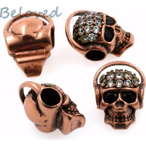 Punk Micro Paved Zirconia Head Skull Metal Charms Beads, Clear Cubic CZ Mens Paracord Bracelet Making Spacer Beads BG18210