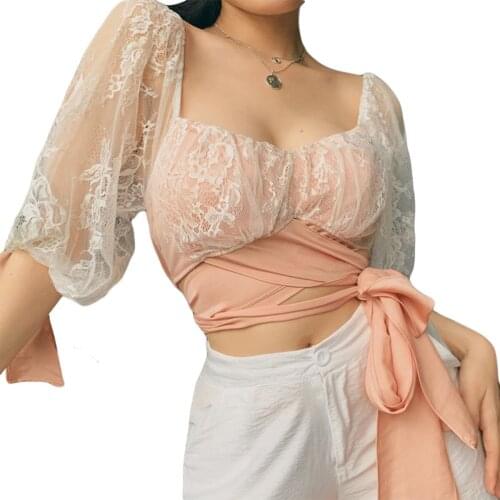 Sweet Female Street Romance Soft Blouse Shirt Girl Lace Patchwork Bandage Tees Crop Top Harajuku Party Club Elegant Top