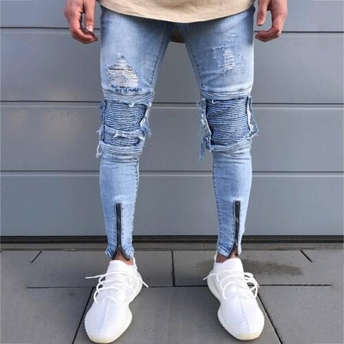 Mens Skinny Jeans Ripped Grid Stretch Denim Pants Casual Fitness Bodybuilding Pocket Full Length Sports Denim Pants